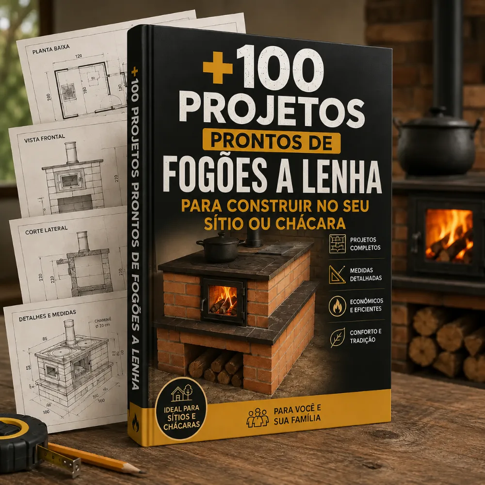 Mockup do e-book com +100 projetos de fogões a lenha